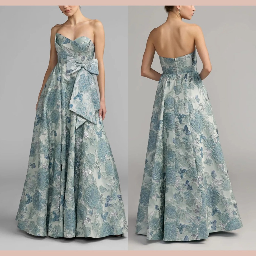 NWT Mac Duggal [ 6 ] 68999 Strapless Floral Brocade Ball Gown Bow Detail J2457